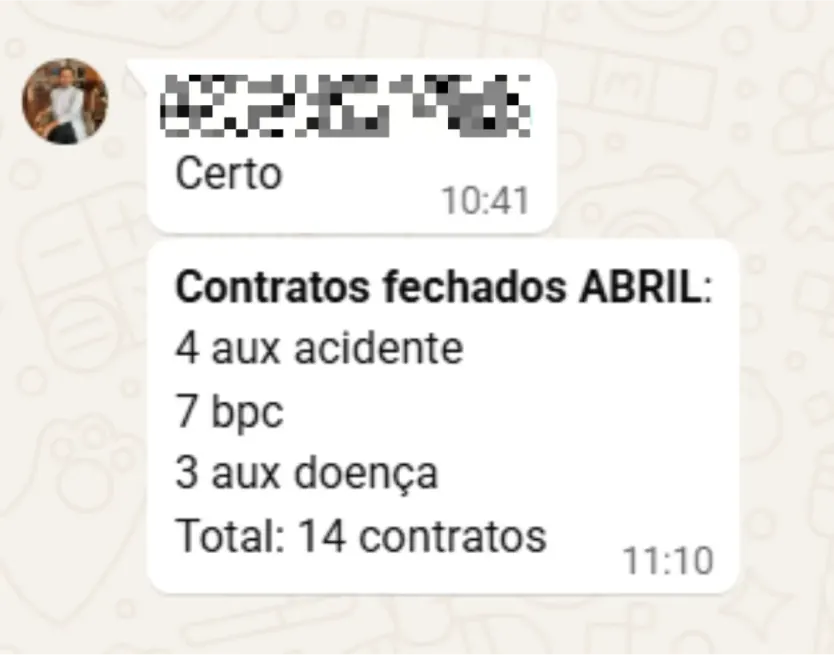 Print de WhatsApp: 14 contratos fechados em abril